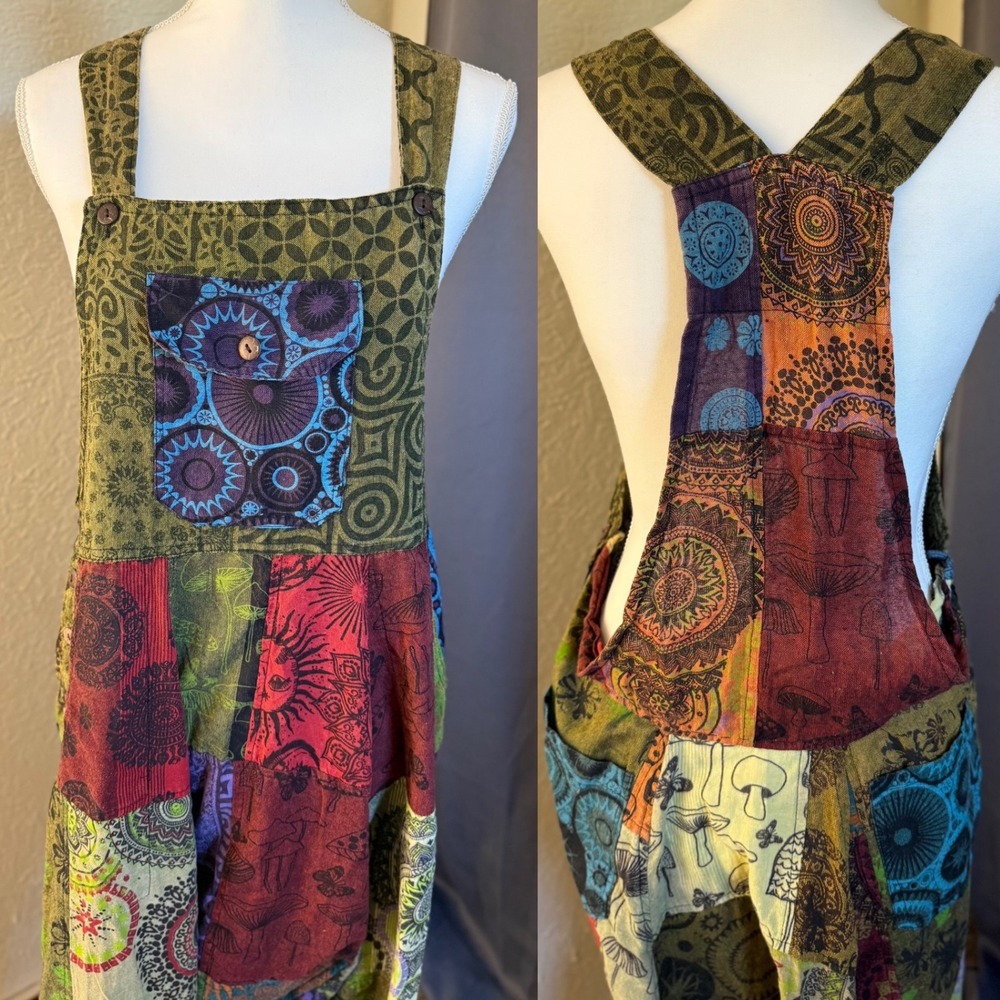 Nepal Cotton Patchwork Overalls Boho Mushroom Man… - image 2